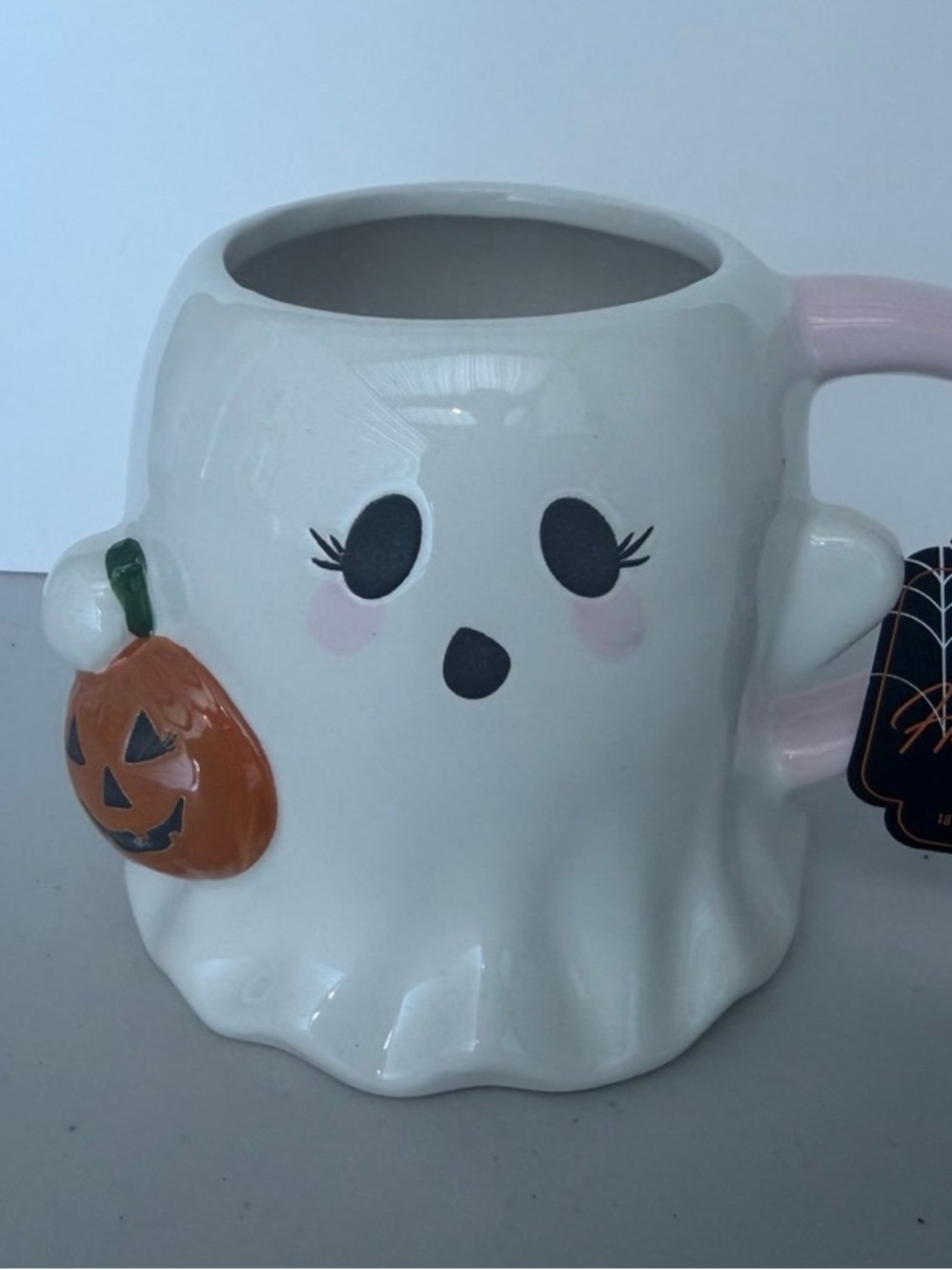 Ghost Ceramic Mug with Pumpkin Accent - White
